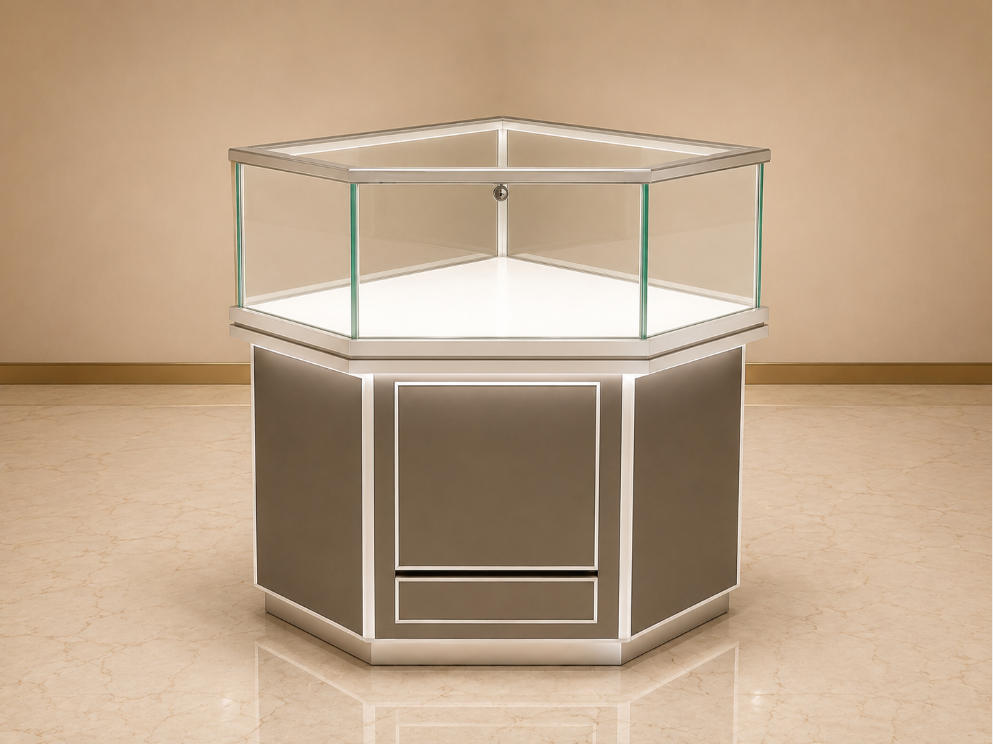 Upright Jewelry Corner Showcase | Silver Frame Tall Corner Glass Display Cabinet - SUNZEN 1 Upright Jewelry Corner Showcase | Silver Frame Tall Corner Glass Display Cabinet - SUNZEN