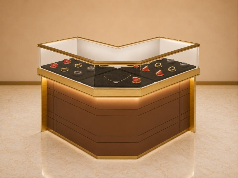 V-Shaped Wood Trim Jewelry Corner Showcase | Store Corner Enclosed Jewelry Display Counter - SUNZEN