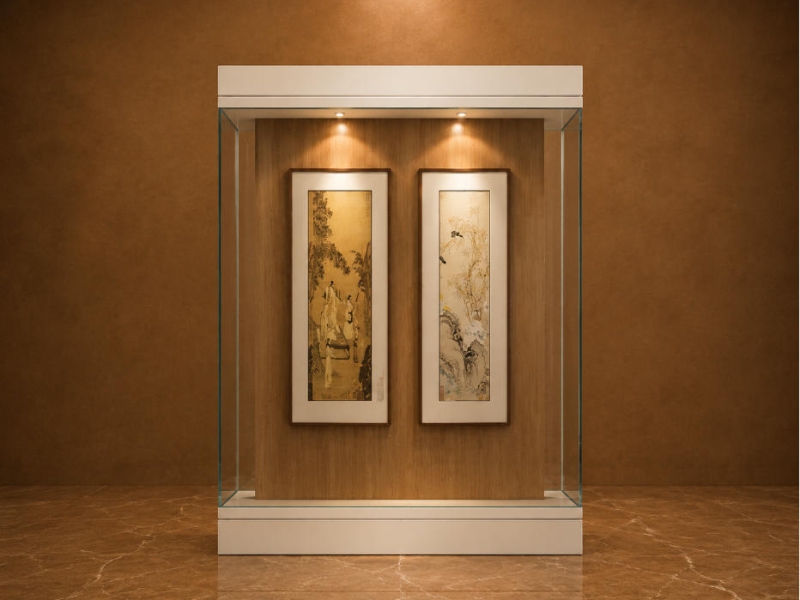 Vertical Scroll Art Vitrine | Wood Backdrop Painting Booth Wall Hung Artwork Case Dual Scroll Exhibit Unit Recess Spotlight Heritage Cabinet