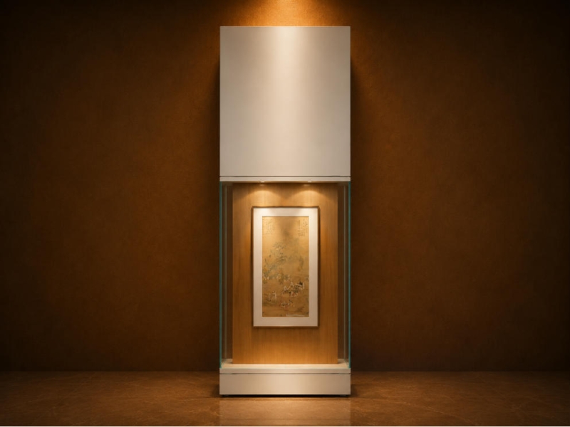 Vertical Scroll Vitrine | Wood Back Wall Booth Tall Narrow Art Case Wall Hanging Painting Unit Scroll Heritage Display Cabinet