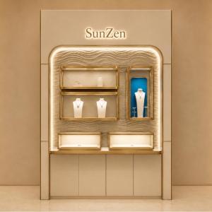 Wave Texture Niche Wall | Multi Tier Glass Cubby Backlit Brand Header Panel Lower Cream Drawer Bank Rounded Gold Arch Display Unit 2 Wave Texture Niche Wall | Multi Tier Glass Cubby Backlit Brand Header Panel Lower Cream Drawer Bank Rounded Gold Arch Display Unit