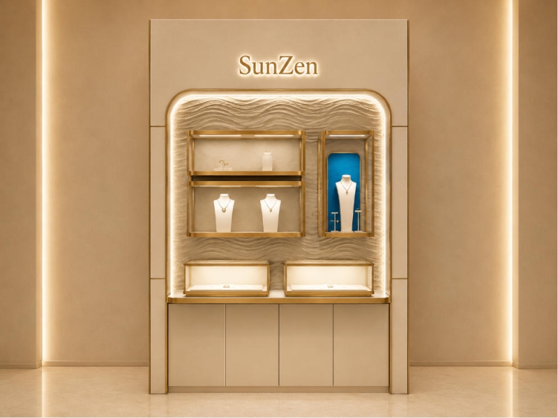Wave Texture Niche Wall | Multi Tier Glass Cubby Backlit Brand Header Panel Lower Cream Drawer Bank Rounded Gold Arch Display Unit
