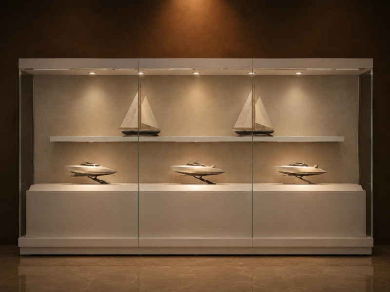 White Dual-Deck Vitrine | Sailboat Model Booth Clear Tier Shelf Case Light Grey Marine Unit Freestanding Yacht Cabinet