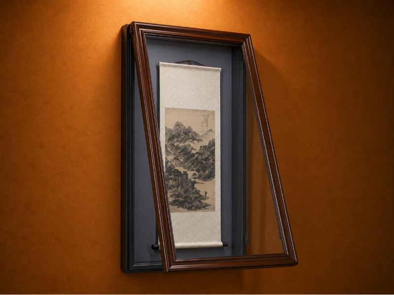 Wood Frame Wall Museum Exhibit Case | Vertical Scroll Painting Wall Vitrine - SUNZEN