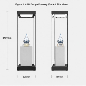 Tall Square Glass Plinth | Freestanding Heritage Vitrine Square Relic Display Tower – Sunzen Display 6 CAD layout drawing of tall square glass plinth single porcelain exhibit cabinet freestanding heritage vitrine dimension marking