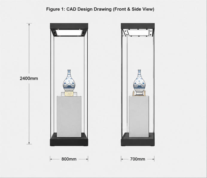 CAD layout drawing of tall square glass plinth single porcelain exhibit cabinet freestanding heritage vitrine dimension marking