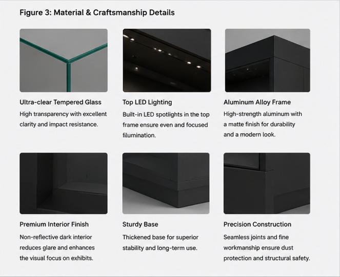 Material shot matte aluminum frame, low iron UV tempered glass, acid-free archival mat for freestanding archival vitrine