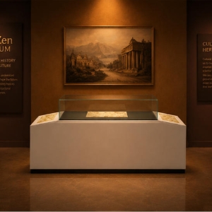 Flat Map Vitrine | Tilt Side Booth Dark Base Horizontal Case Document Heritage Unit Top Open Paper Cabinet 6 On-site render flat map vitrine document heritage unit top open paper cabinet installed in ancient map & document museum exhibition hall