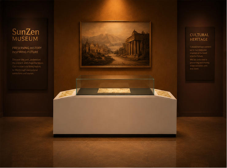 On-site render flat map vitrine document heritage unit top open paper cabinet installed in ancient map & document museum exhibition hall