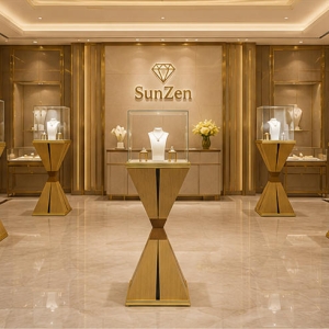 Jewelry Hourglass Pedestal Stand | Gold Wood Square Glass Display Tower – Sunzen 6 Real Installation Shot In Art Luxury Fine Jewelry Boutique Window Front