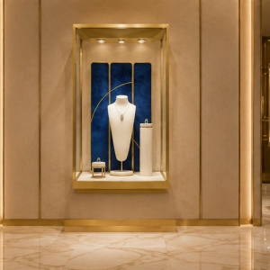 Jewelry Cube Display Cabinet | Gold Frame Blue Backdrop Vertical Showcase - SUNZEN 6 Real Installation Shot In Artistic Light Luxury Fine Jewelry Boutique Storefront Window & Entrance Corner Landmark Focal Zone