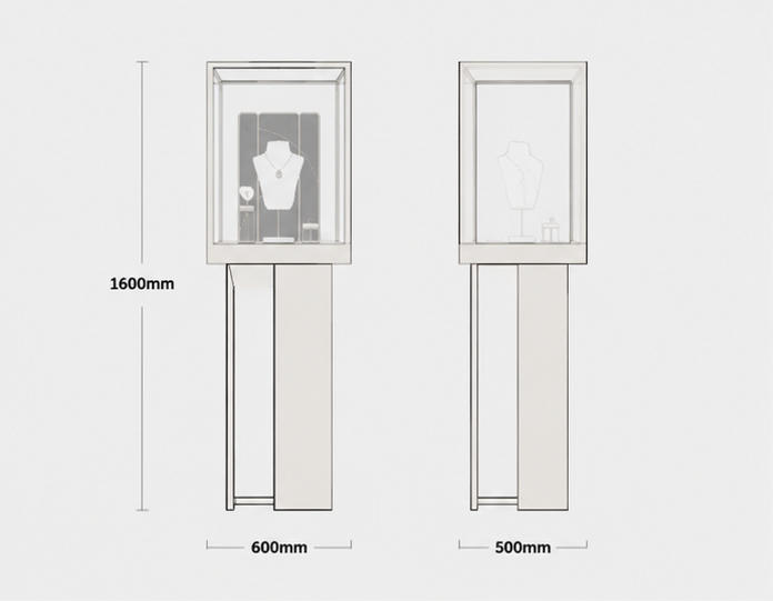 CAD drawing tall gold vitrine asymmetry jewel plinth floor jewel tower black fabric backdrop built-in necklace display stand dimension layout