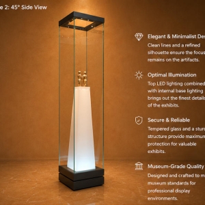 Tapered Plinth Sculpture Vitrine | Backlit Heritage Pedestal Tall Slim Statue Display Tower – Sunzen Display 5 close-up of four-sided UV transparent glass, bottom backlit LED strip, tapered plinth heritage pedestal inside miniature bronze exhibit booth