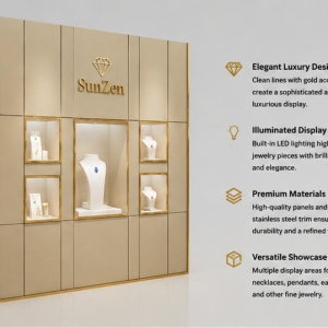Jewelry Fabric Wall Cabinet | Beige Gold Trim Five Niche Brand Display Backdrop – Sunzen 4 45 Degree Full Render of Beige Fabric Gold Trim Brand Jewelry Backdrop