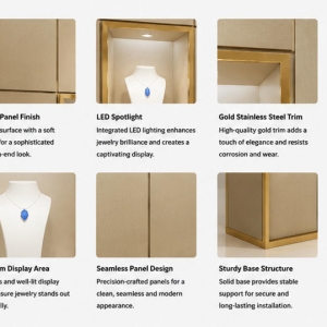 Jewelry Fabric Wall Cabinet | Beige Gold Trim Five Niche Brand Display Backdrop – Sunzen 5 Material & Craft Close-up of Beige Fabric Gold Trim Five Niche Jewelry Wall Cabinet