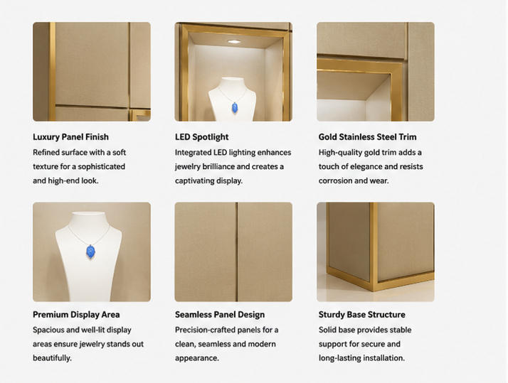 Material & Craft Close-up of Beige Fabric Gold Trim Five Niche Jewelry Wall Cabinet