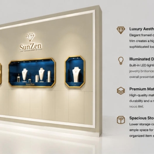 Luxury Jewelry Octagon Wall Cabinet | Beige Gold Frame Blue Velvet Display Niche – Sunzen 4 45 Degree Full Render of Octagon Gold Niche Brand Wall