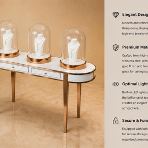 Bell Glass Display | Rose Gold Jewelry Table Store Window Pedestal – Sunzen Display 5 Close-up feature of sealed bell glass display dome, silent drawer and polished rose gold table frame
