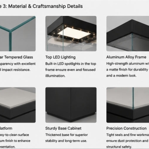 Square Base Terracotta Vitrine | Block Base Heritage Tower Single Sculpture Museum Plinth – Sunzen Display 5 Material craft close-up of matte black solid square block base, low-iron anti-UV vertical glass, acid-free linen display surface, aluminum top light frame