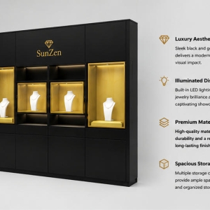 Jewelry Four Compartment Black Wall Cabinet | Wood Lining Gold Frame Display Wall – Sunzen 4 45 Degree Full Render of Black Wood Lining Four Compartment Jewelry Wall Unit