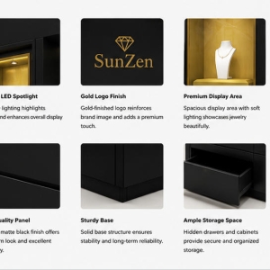 Jewelry Four Compartment Black Wall Cabinet | Wood Lining Gold Frame Display Wall – Sunzen 5 Material & Craft Close-up of Black Wood Lining Four Compartment Jewelry Wall Cabinet