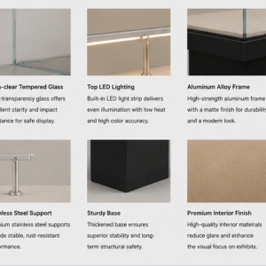 Multi Plinth Long Vitrine | Open Frame Horizontal Booth Linear Artifact Display Table Triple Support Exhibit Cabinet Long Linear Heritage Case 4 Material close-up matte black solid triple support plinths, anti-UV tempered overhead glass, soft archival linen mat for long linear heritage case open frame horizontal booth