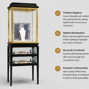 Jewelry Tall Display Stand | Black Wood Gold Frame Double Layer Vertical Showcase - SUNZEN 4 45 Degree Full Render of Black Wood Gold Frame Double Layer Vertical Jewelry Tall Display Stand