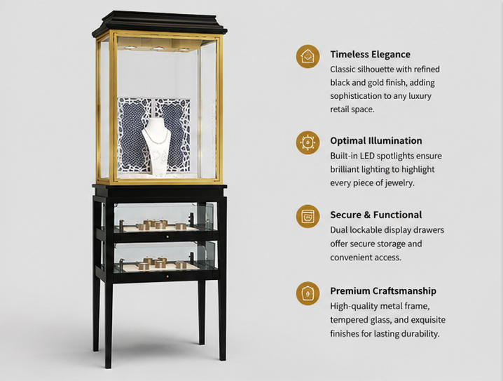45 Degree Full Render of Black Wood Gold Frame Double Layer Vertical Jewelry Tall Display Stand