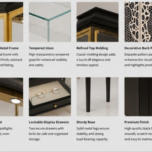 Jewelry Tall Display Stand | Black Wood Gold Frame Double Layer Vertical Showcase - SUNZEN 5 Material & Craft Close-up of Black Wood Gold Frame Double Layer Vertical Jewelry Tall Display Stand