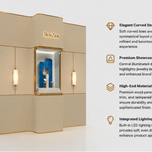 Close-up curved rounded gold frame central recess, layered blue velvet decorative backboard, backlit brand lettering, symmetrical wall sconce lights inside curved center niche wall gold trim modular display wall