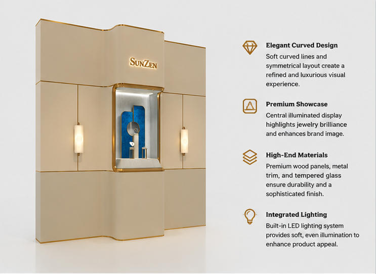 Close-up curved rounded gold frame central recess, layered blue velvet decorative backboard, backlit brand lettering, symmetrical wall sconce lights inside curved center niche wall gold trim modular display wall