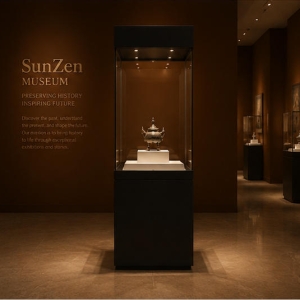 On-site render tall black cube vitrine top recess spot unit bronze artifact pedestal cabinet installed in archaeological bronze relic museum exhibition hall