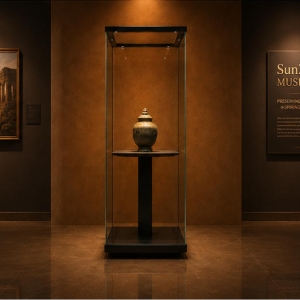 Square Bronze Vitrine | Central Stand Booth Wood Top Pedestal Case Tall Cube Glass Unit Metal Relic Display Cabinet 6 On-site render square bronze vitrine tall cube glass unit metal relic display cabinet installed in bronze cultural relic museum exhibition hall