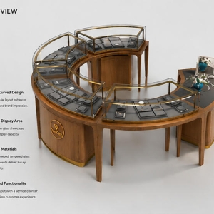 Jewelry C-Shape Curved Island Counter | Natural Wood Multi Arc Glass Retail Display Table – Sunzen 4 45 Degree Full Render of Natural Wood Multi Arc C-Shape Jewelry Central Island Table