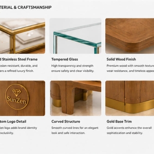 Jewelry C-Shape Curved Island Counter | Natural Wood Multi Arc Glass Retail Display Table – Sunzen 5 Material & Craft Close-up of Natural Wood Multi Arc C-Shape Jewelry Curved Island Counter