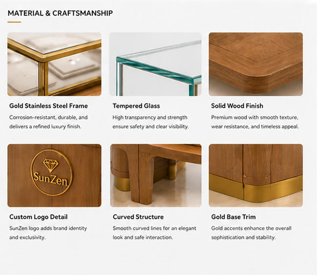 Material & Craft Close-up of Natural Wood Multi Arc C-Shape Jewelry Curved Island Counter