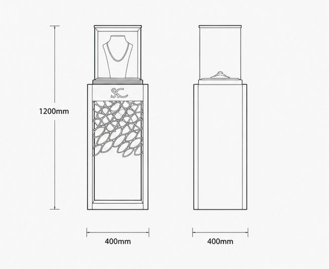 CAD drawing tall wood jewelry pedestal hollow cutout metal stand lockable tall necklace booth brand logo jewel plinth carved display tower