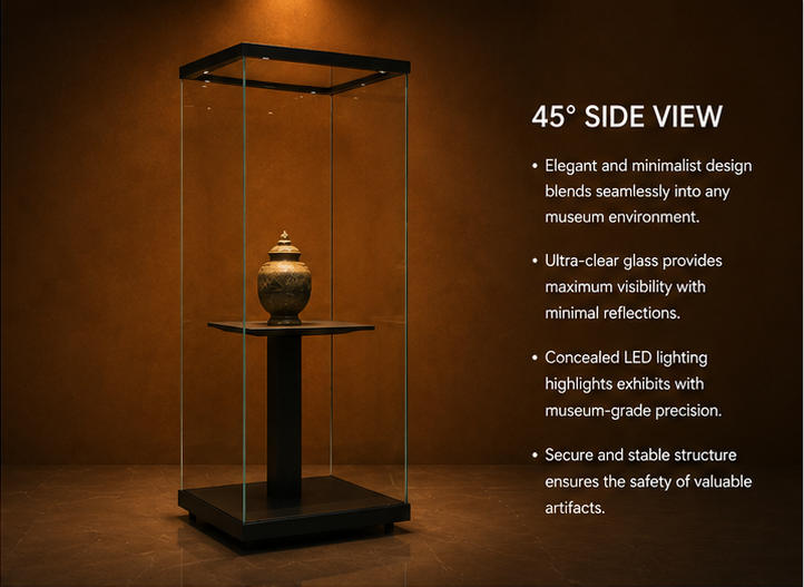 Close-up single central black support column, solid wood display plinth, full four-sided UV glass inside square bronze vitrine central stand booth