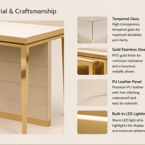 Gold Consultation Counter | Built-In Side Cabinet Match Gold Stool Set Tabletop Mini Vitrine Jewelry Client Booth 5 Material close-up polished champagne gold metal frame, seamless beige built-in storage cabinet, soft white waterproof tabletop for built-in side cabinet jewelry client booth