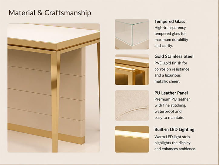 Material close-up polished champagne gold metal frame, seamless beige built-in storage cabinet, soft white waterproof tabletop for built-in side cabinet jewelry client booth