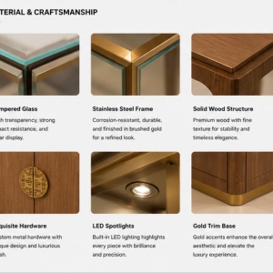 Jewelry Chinese Wood Counter | Rectangle Gold Frame Glass Jade Jewelry Showcase – Sunzen 5 Material & Craft Close-up of New Chinese Carved Brass Knob Rect Glass Jewelry Wood Counter