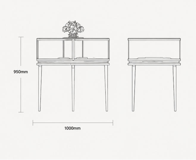 CAD drawing round jewel island thin gold leg gold glass counter blue velvet tray central floral plinth circular display booth dimension layout