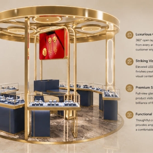 Circular Gold Jewelry Kiosk | Round Open Top Mall Gold Jewelry Booth - SUNZEN 3 Circular Gold Frame Jewelry Kiosk Round Open Top Mall Gold Jewelry Booth Render