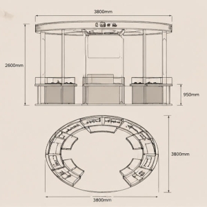 Circular Gold Jewelry Kiosk | Round Open Top Mall Gold Jewelry Booth - SUNZEN 4 Full Circular Island Kiosk Frame & Curved Display Counter Mechanical CAD Drawing