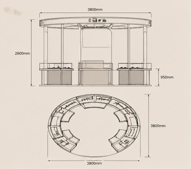 Full Circular Island Kiosk Frame & Curved Display Counter Mechanical CAD Drawing