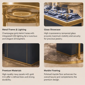 Circular Gold Jewelry Kiosk | Round Open Top Mall Gold Jewelry Booth - SUNZEN 5 Polished Gold Metal Frame Curved Glass Counter Marble Decor Panel Close-up