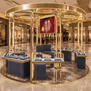 Circular Gold Jewelry Kiosk | Round Open Top Mall Gold Jewelry Booth - SUNZEN 6 Circular Gold Frame Open Gold Jewelry Kiosk Mall Central Passage Installation Shot