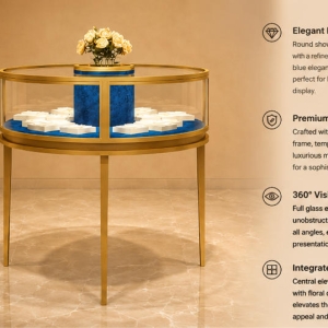 Round Jewel Island | Gold Glass Circular Display Booth - Sunzen 5 45° render round jewel island gold glass counter blue velvet tray central floral plinth circular display booth functional labels