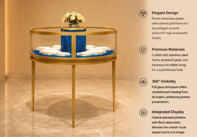 45° render round jewel island gold glass counter blue velvet tray central floral plinth circular display booth functional labels