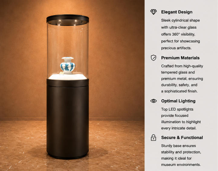 Feature close-up of full-height cylindrical UV glass, top built-in LED spotlights, white ceramic plinth of single pottery exhibit tower